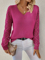 Emily | Eleganter Damen V-Ausschnitt Strickpullover Mit Lochmuster-Ärmeln – Lila