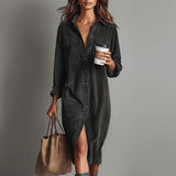 Damen-Midi-Kleid aus Cord mit Knopfleiste und Brusttaschen – Grau