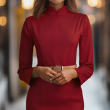 Damenkleid mit Stehkragen und Gürtel | Polyester – Rot