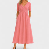 Midi-Kleid für Damen, Wickelkleid mit V-Ausschnitt und Taschen – Rosa