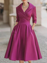 Satin-Midi-Kleid für Damen | A-Linie mit Schalkragen – Fuchsia