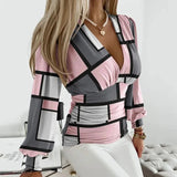 Emma | Damen Schicke Bluse mit Puffärmeln und Schleife – Geometrisch Rosa & Grau