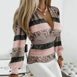 Emma | Damen Schicke Bluse mit Puffärmeln und Schleife – Rosa-Schwarze Streifen