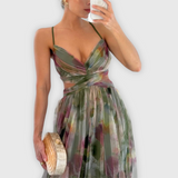 Damen Ärmelloses Blumen Chiffonkleid – Grün
