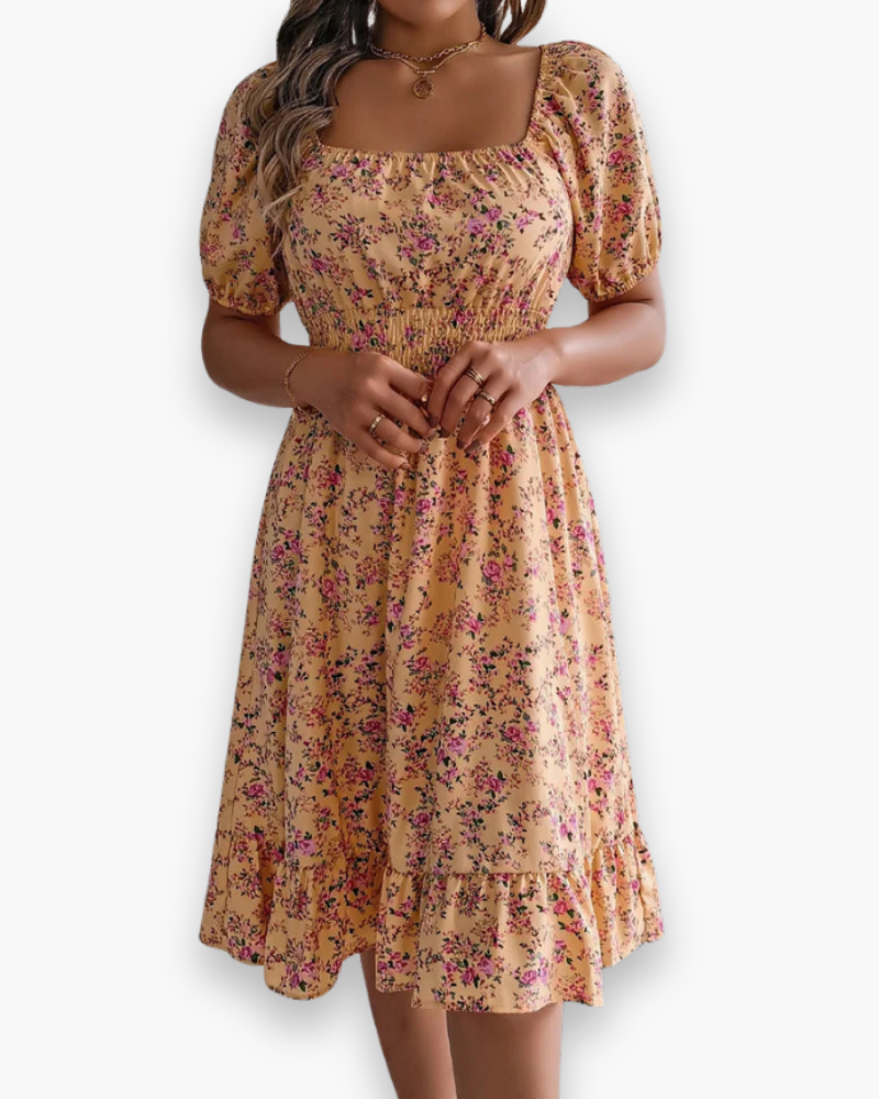 Damen Romantisches Shirred Midi Kleid | Blumenmuster