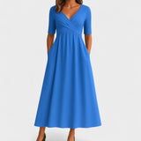 Midi-Kleid für Damen, Wickelkleid mit V-Ausschnitt und Taschen – Hellblau