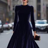 Damen-Midi-Kleid aus marineblauem Samt mit langen Ärmeln – Marineblau