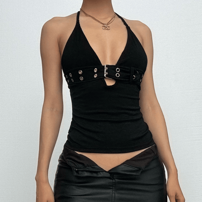 VALE | Halter Top with Deep V-Neckline, Metal Clasp & Backless Design