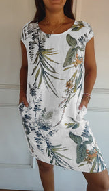 Angela | Damen Lässiges Sommerkleid mit Blattmuster – Weiß 1