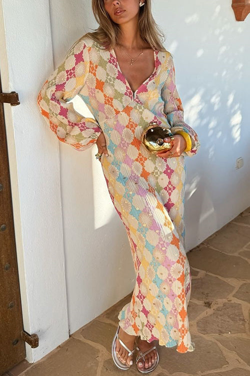 Novaline | V-Ausschnitt Laternenärmel Geometrischer Druck Maxikleid