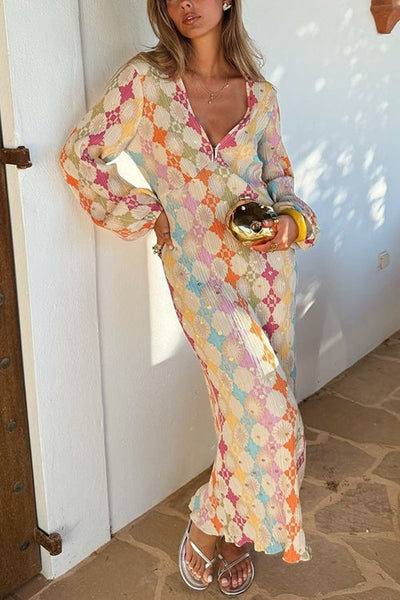 Novaline | V-Ausschnitt Laternenärmel Geometrischer Druck Maxikleid