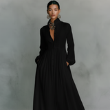 Damen-Maxikleid aus Leinenmischung mit Patchwork-Muster und Knopfleiste – Schwarz