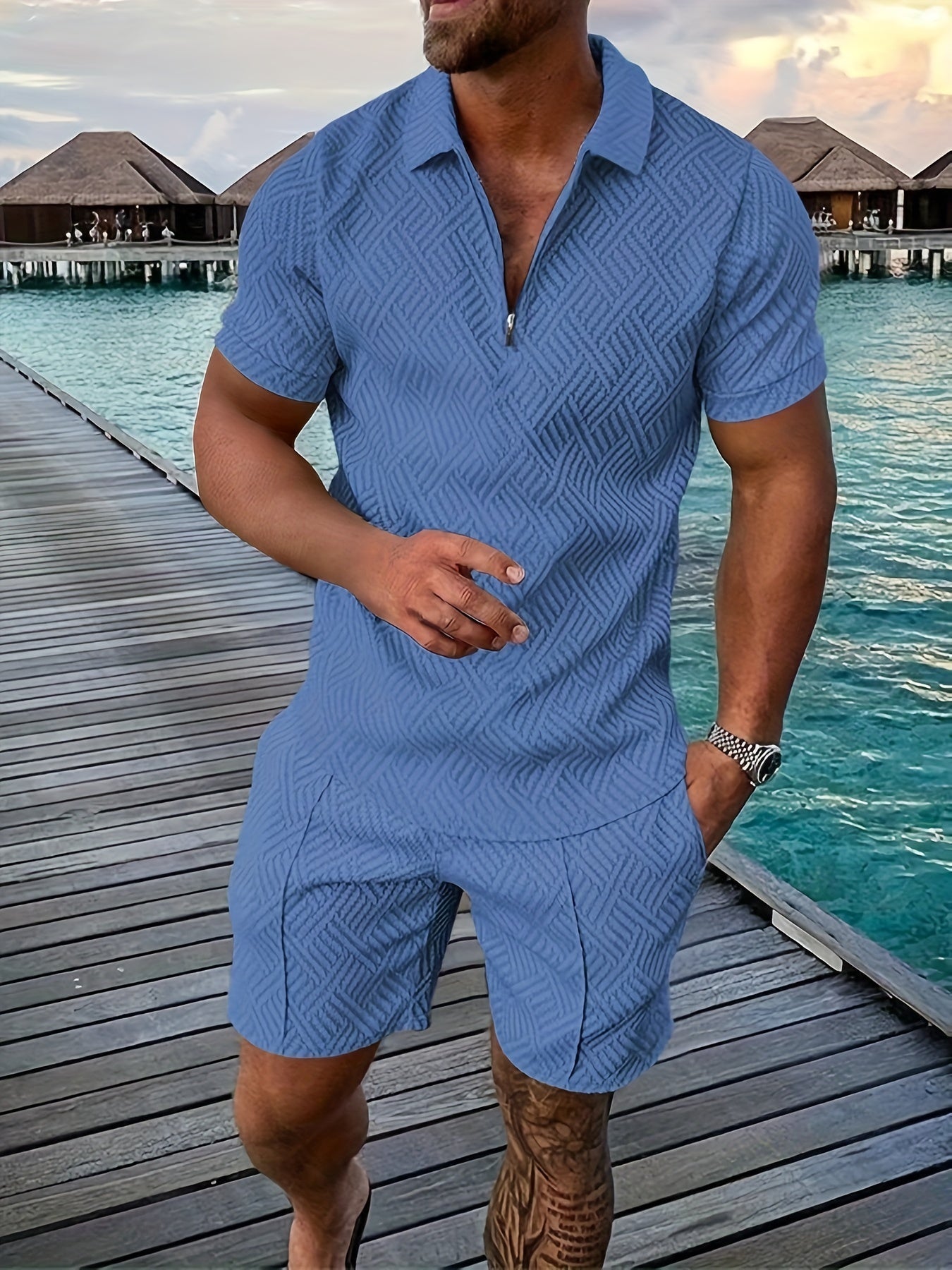 Herren Geometrisch Muster Kurzarm und Shorts Set | Stylisch