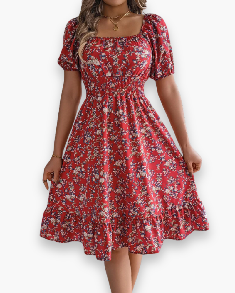 Damen Romantisches Shirred Midi Kleid | Blumenmuster