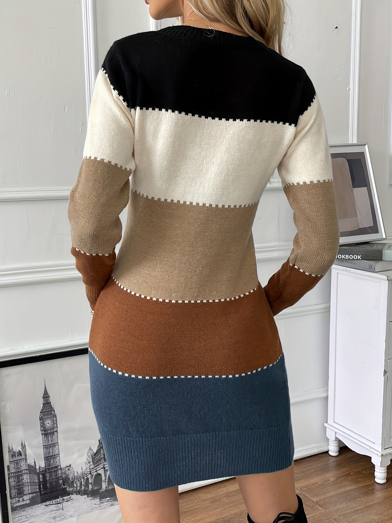 Stilvolles Baumwollkleid mit Farbblock-Design, langen Ärmeln und Rundhalsausschnitt für Damen | Ideal für den Sommer