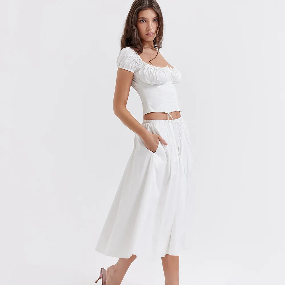 Tania - Puffärmeliges Top mit quadratischem Ausschnitt & Rock-Set