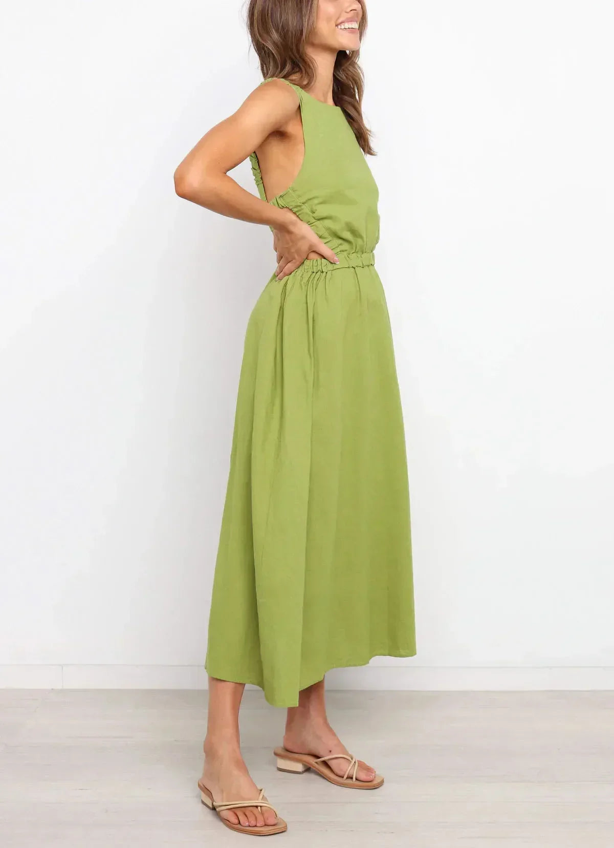 Midikleid mit Seitenschlitzen aus schwarzem Baumwoll-Leinen - Camila