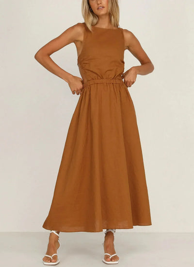 Midikleid mit Seitenschlitzen aus schwarzem Baumwoll-Leinen - Camila