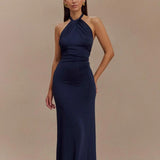 Damen-Maxikleid mit Neckholder und Stretch – Marine