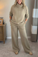 Aivra | Damen Turtleneck Langarm Weitbeiniger Zweiteiler mit Taschen – Khaki