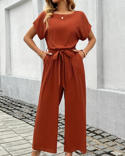 Damen Jumpsuit Mit Gürtel & Weitem Bein | Kurzarm