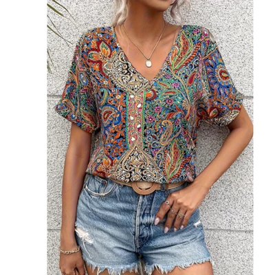 Mehrfarbige Bluse Mit V Ausschnitt Für Damen | Blumen