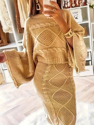 Stilvoller Pullover-Zweiteiler mit hohem Kragen, ausgestellten Ärmeln und Slim-Strickrock für Damen | Ideal für das tägliche Tragen