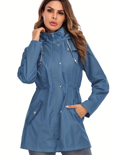 Stylische Mittellange Blaue Regenjacke mit Reissverschluss und Kapuze für Damen | Ideal für den Winter