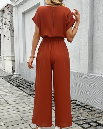 Damen Jumpsuit Mit Gürtel & Weitem Bein | Kurzarm