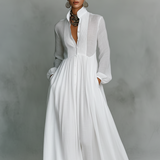 Damen-Maxikleid aus Leinenmischung mit Patchwork-Muster und Knopfleiste – Weiß