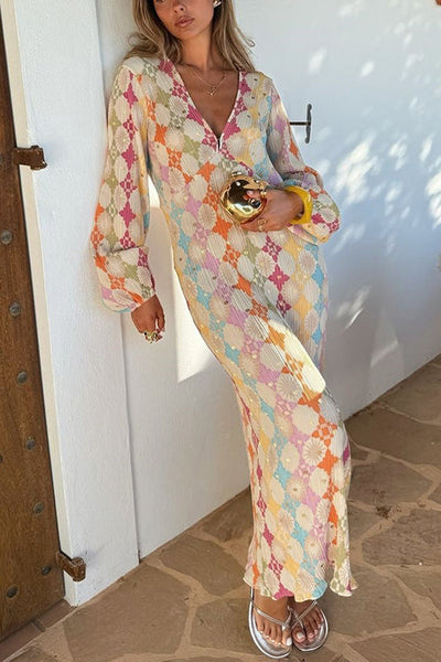 Novaline | V-Ausschnitt Laternenärmel Geometrischer Druck Maxikleid