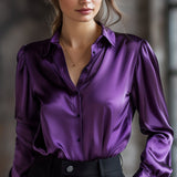 Lange Ärmelbluse aus schwarzem Satin für Damen – Lila