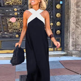 Ärmelloses Maxikleid für Damen mit gekreuztem Rücken – Schwarz/Weiß