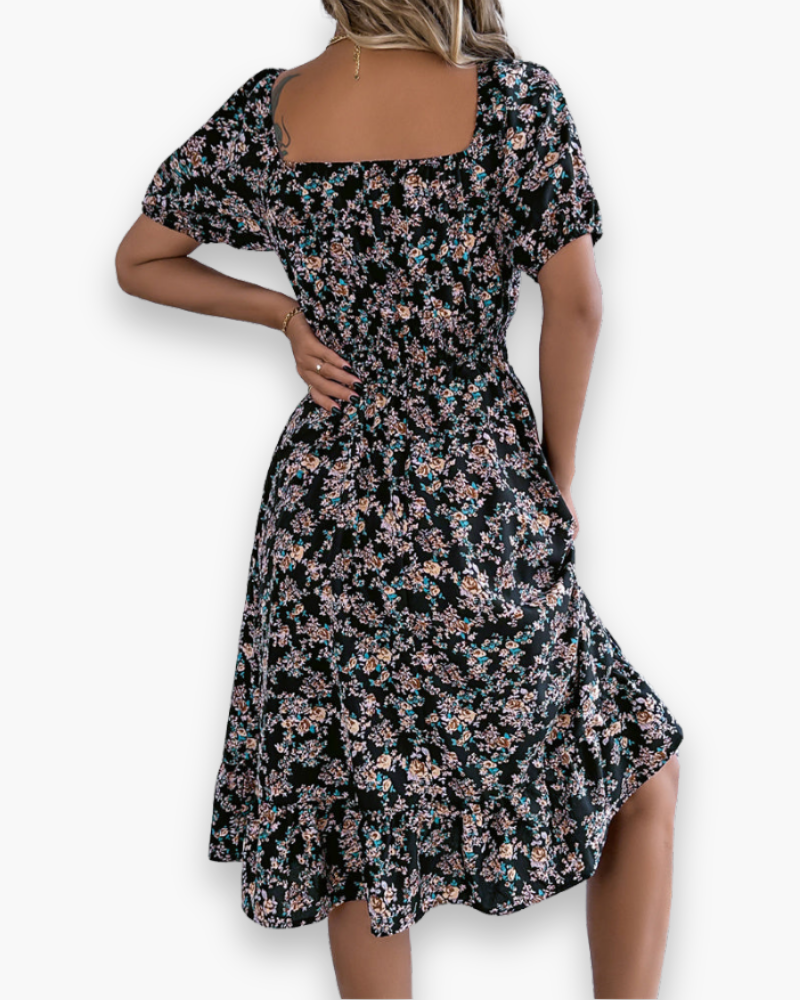 Damen Romantisches Shirred Midi Kleid | Blumenmuster