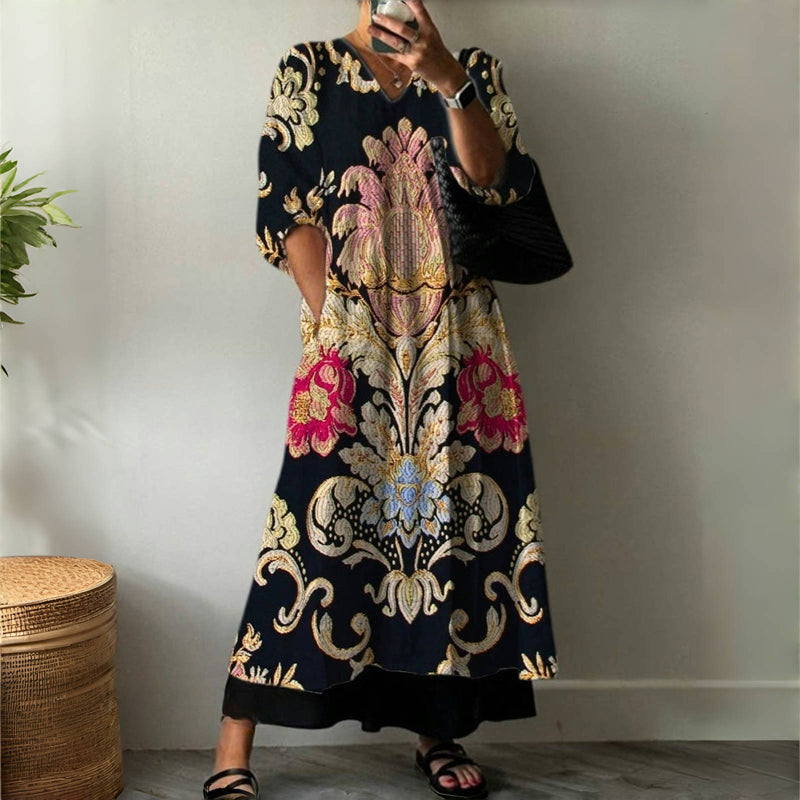 Gulia -【Lange Ärmel】Vintage ethnischen Druck Kleid