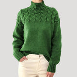 Nicole | Damen Frühlings Strickpullover mit Zopfmuster und hohem Kragen – Grün