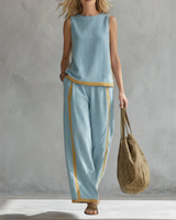 Damen Lockeres Leinen Zweiteiler Set - Ärmelloses Casual Outfit – Blau