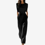 Ärmelloser Damen-Jumpsuit mit hohem Kragen und Gürtel – Elegante Abendgarderobe – Schwarz