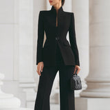 Set aus Blazer mit hohem Kragen und Hose mit weitem Bein für Damen – Schwarz