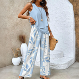 Zweiteiliges Sommer-Set für Damen | Hose mit weitem Bein – Puderblau Blatt