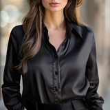 Lange Ärmelbluse aus schwarzem Satin für Damen – Schwarz