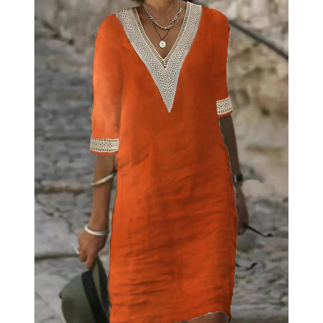 Damen Boho V-Ausschnitt Elegantes Halbarm Kleid |  Midi