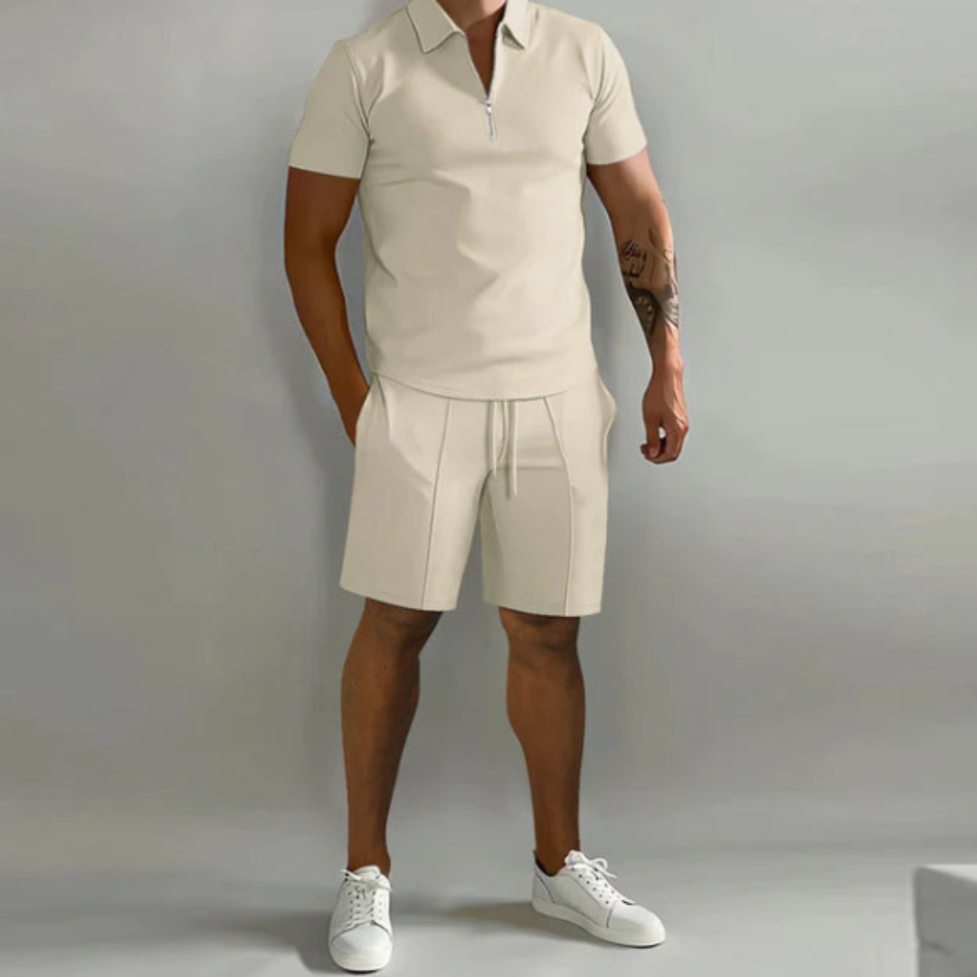 Herren Sommer Co Ord Kordelzug Shorts Und Halb Zip Oberteil Set | Zwei Teile