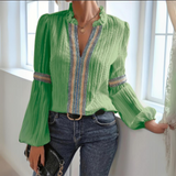 Damen Boho Chiffonbluse – Langarm Leichtes Lässiges Top – Grün