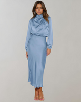 Anna | Damen Elegantes Satin Langarmkleid – Himmlisches Blau