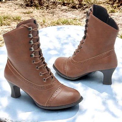 Laura™ - Victorianische braune Schnürstiefel mit mittlerem Absatz und Reißverschluß