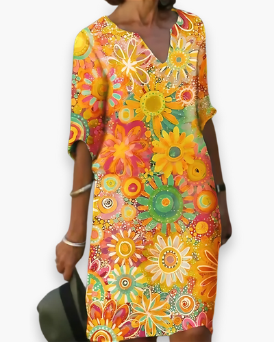 Damen Midi Kleid mit V-Ausschnitt | Blumenlook