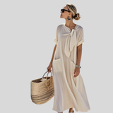 Elisa | Damen Lockeres Taschen Bindekragen Midi Kleid – Beige