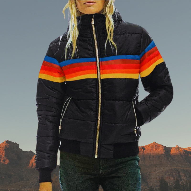 Stylische Gepolsterte Gestreifte Regenjacke mit Kapuze und Wasserdicht für Damen | Ideal für den Winter