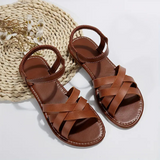Damen Flache Leder Sandalen Mit Kreuzriemen – Elegante Sommer Komfort Schuhe – Braun